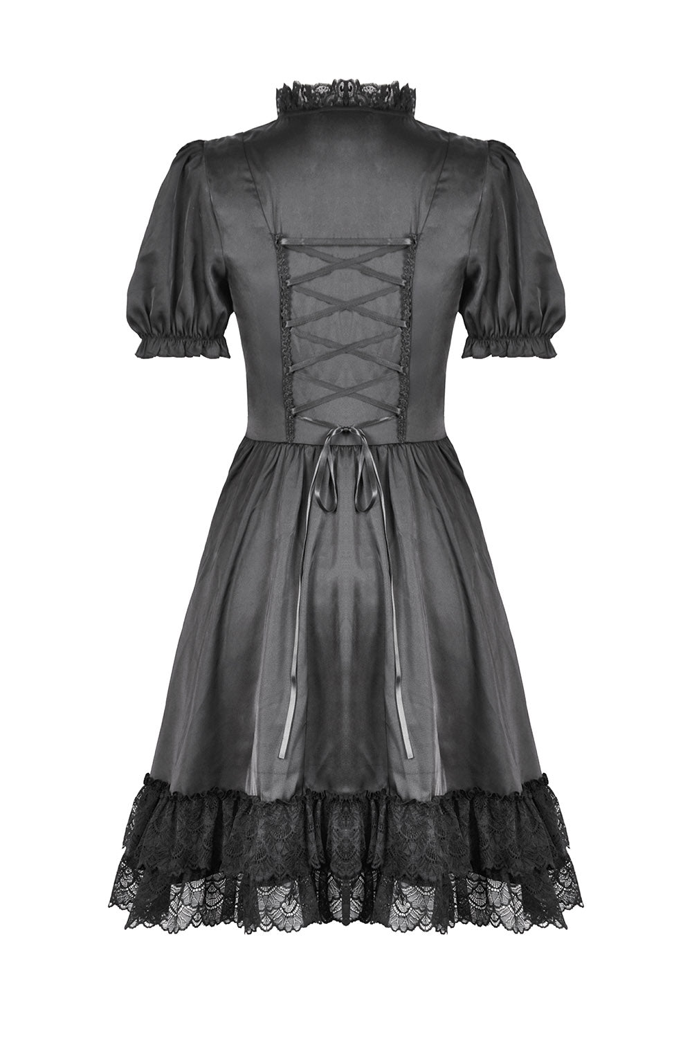 Black lace-up dress with ruffled hem on a white background