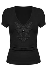 womens embroidered floral faux gemstone top 