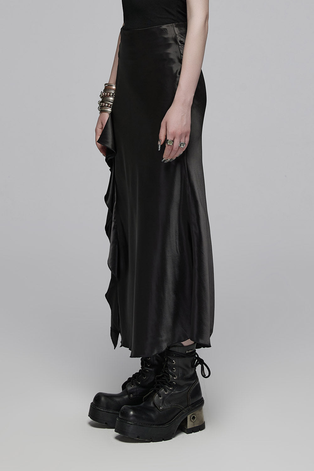 womens high waisted black satin skirt