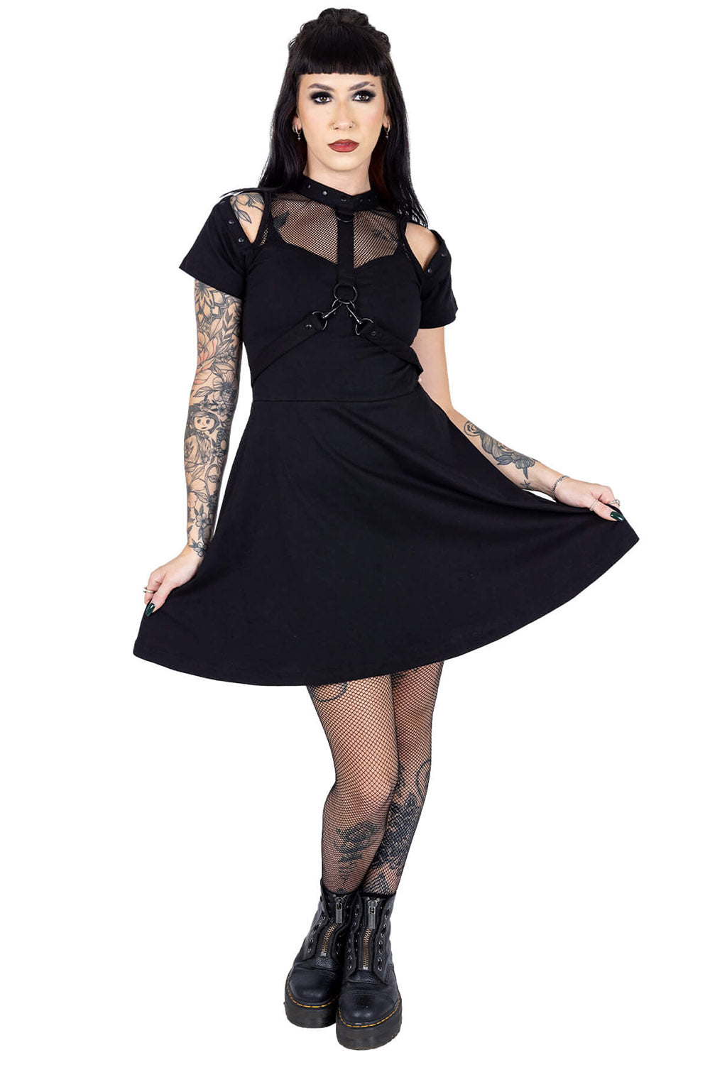 black harness rave dress with fishnet detail