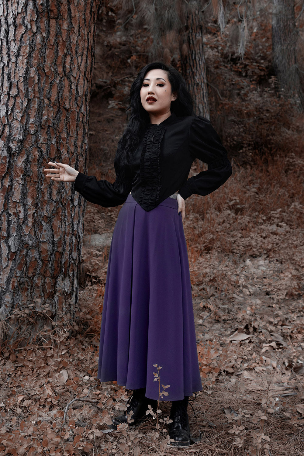 a-line purple midi length skirt