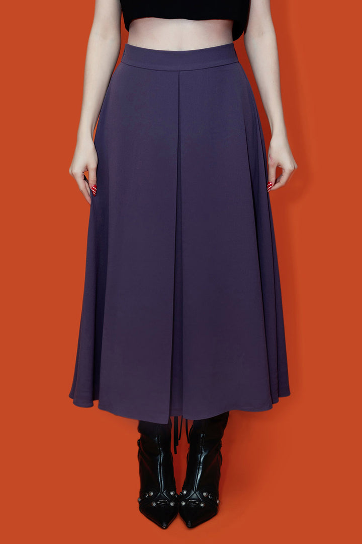 A-line high-waisted flowing purple midi length skirt