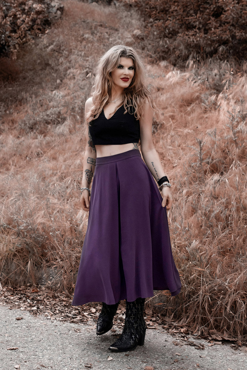 womens dark purple midi length skirt