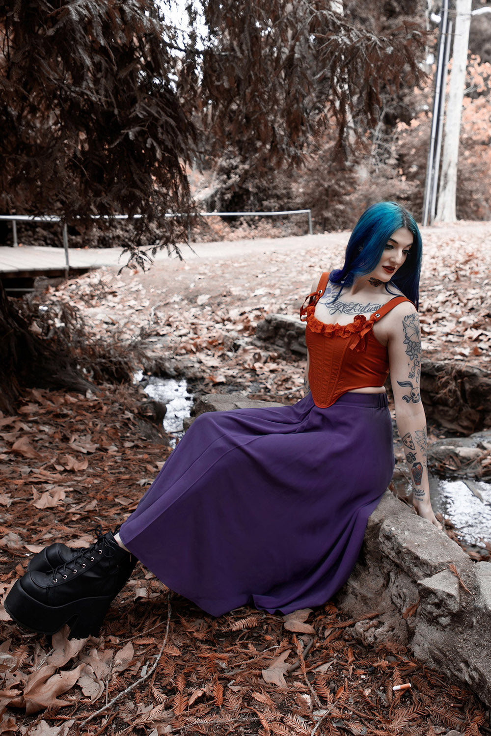 high rise purple midi length skirt