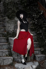 red high-waisted skirt with leg slit