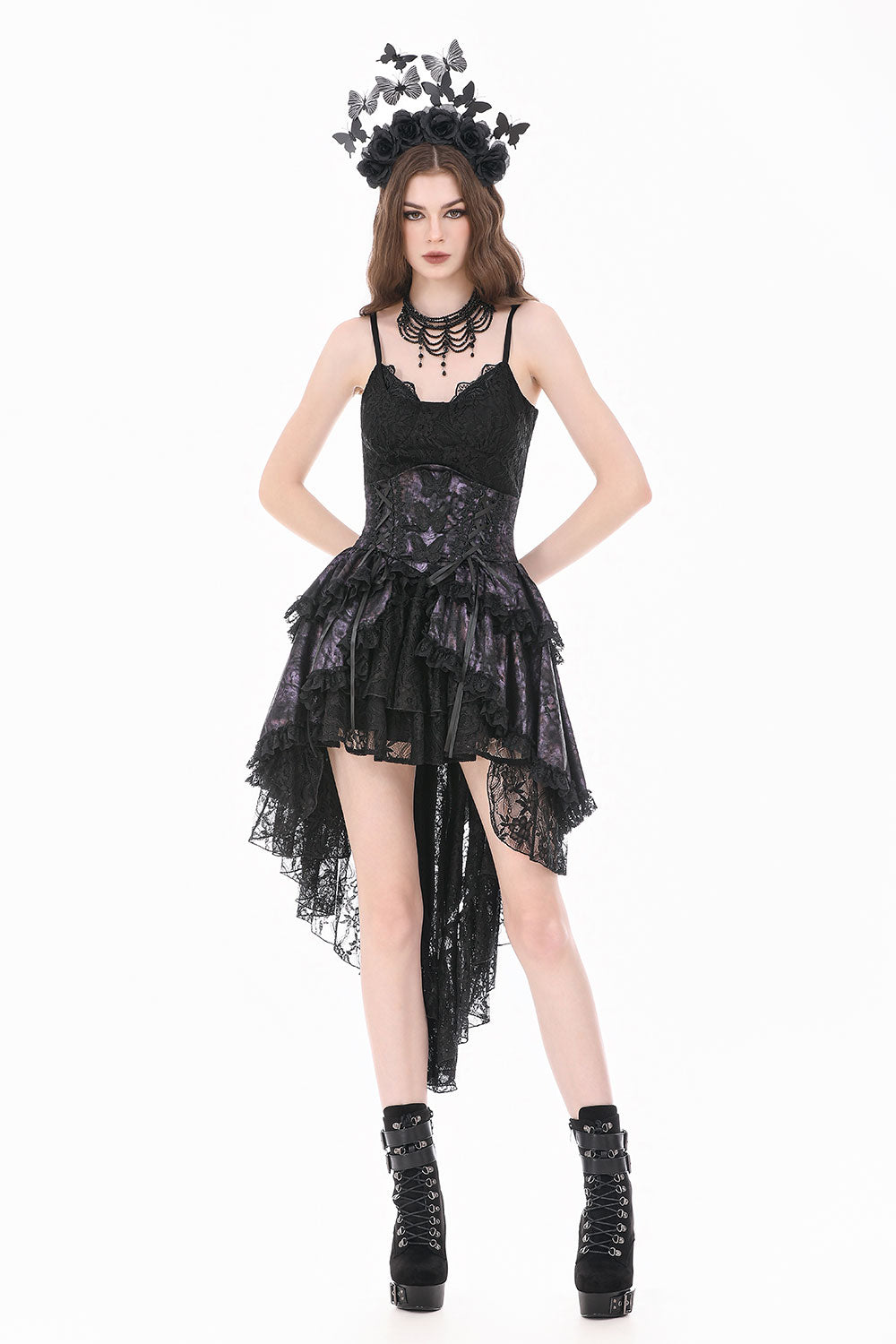 Layered asymmetrical purple black lace skirt