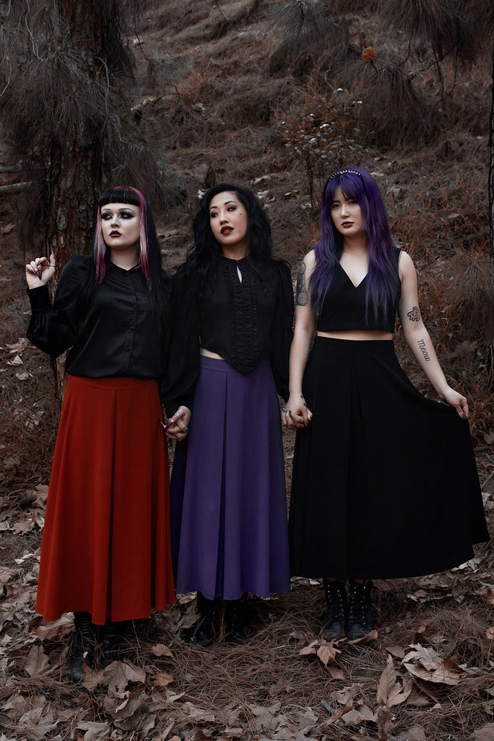 high-waisted flowing midi length skirts