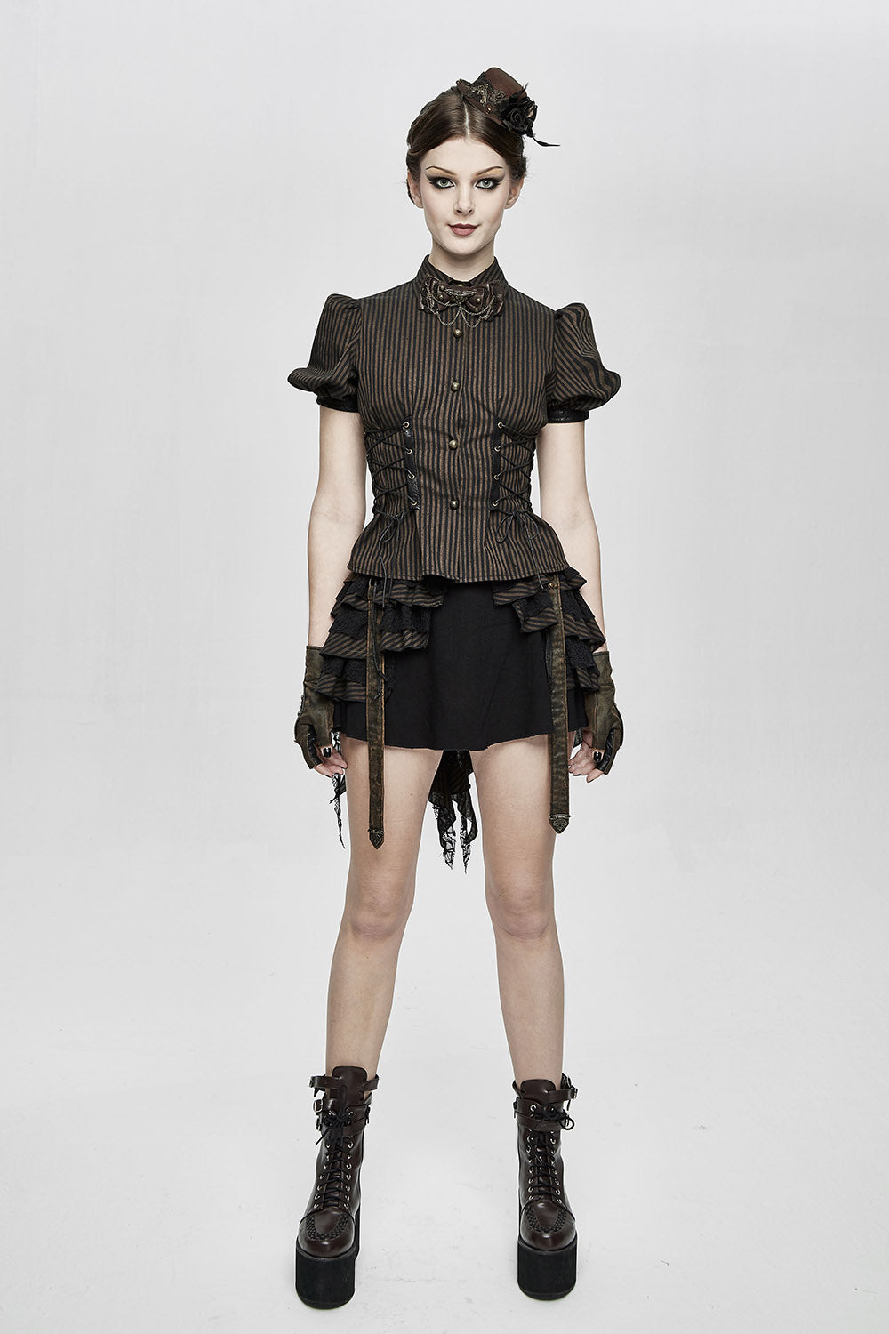 puff shoulder short sleeve button-up brown and black striped vintage inspired top 