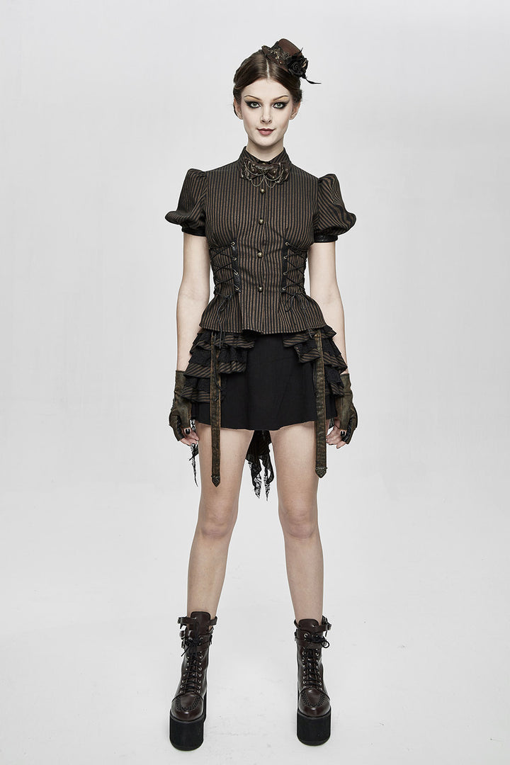 puff shoulder short sleeve button-up brown and black striped vintage inspired top 