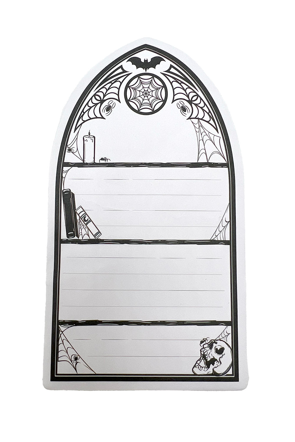 gothic library shaped sticky note pad with skull and spiderwebs 