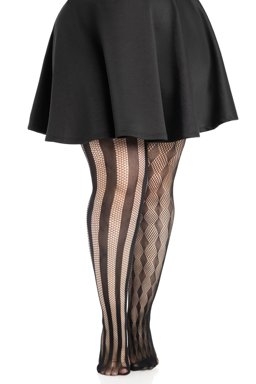 fishnet plus sized stripe and diamond pattern tights