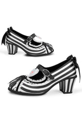 Black and white striped shoes with bow details on a white background