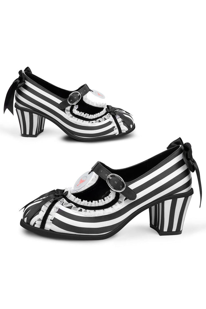 Black and white striped shoes with bow details on a white background