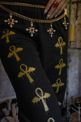 gold metallic ankh symbol jogger pants