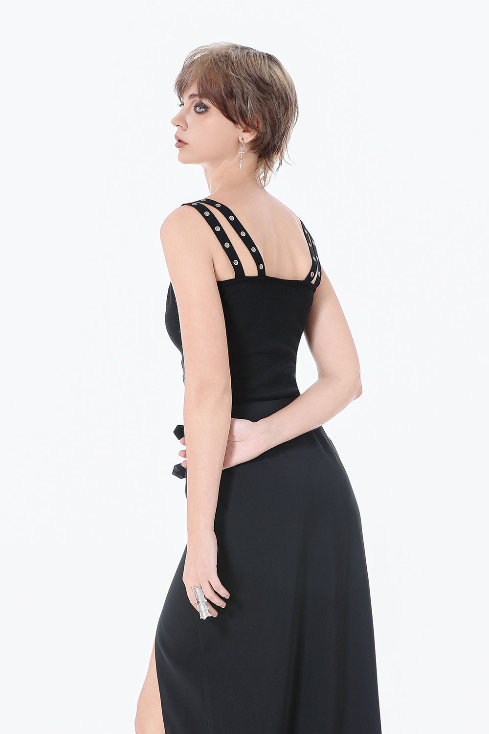 Womens black tank top with grommets and lace up details