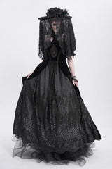 dramatic black hat with faux flowers and beads