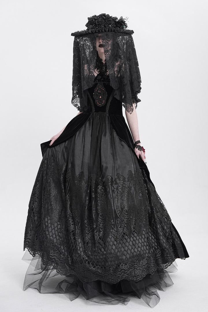 dramatic black hat with faux flowers and beads
