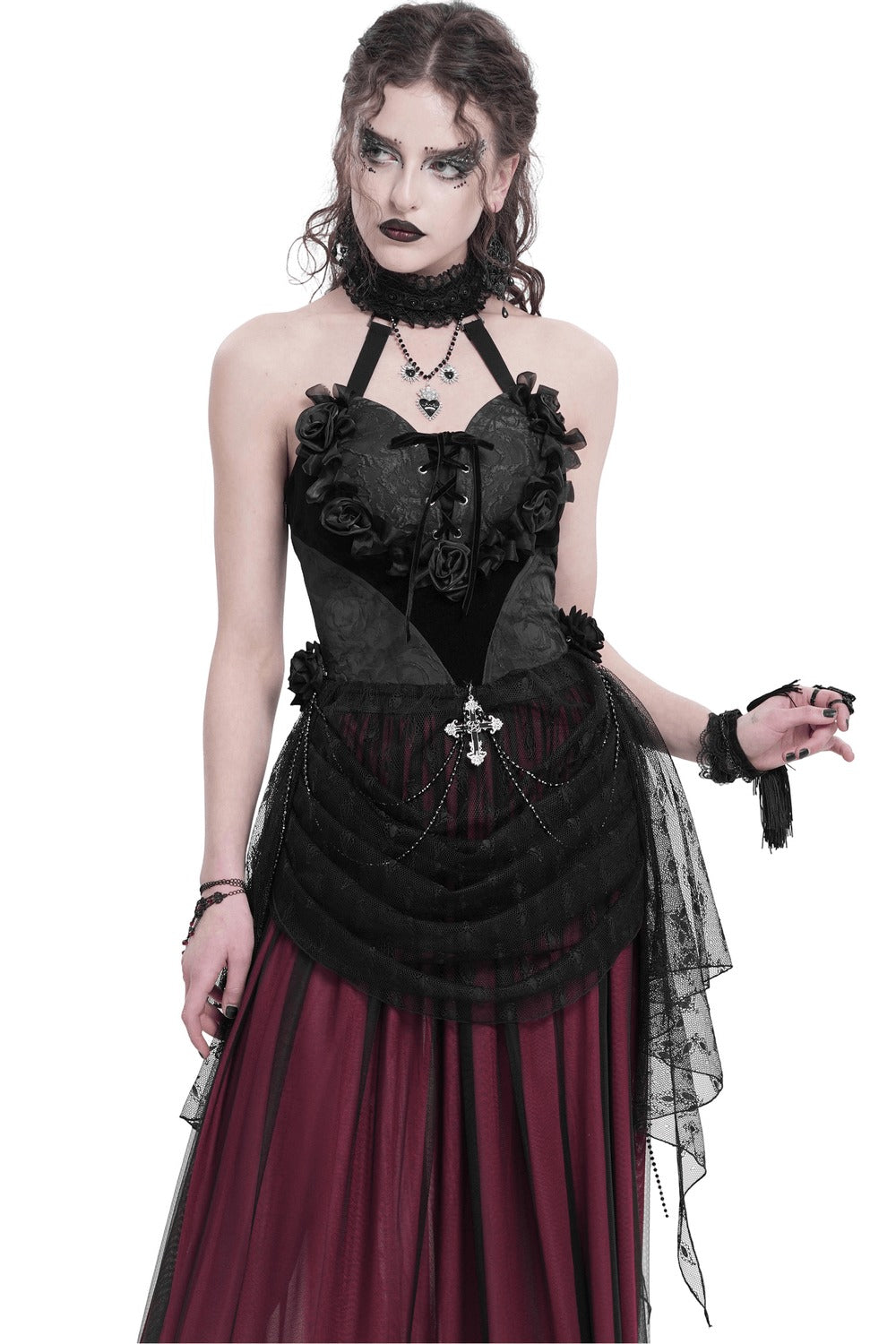 mesh and lace ruffled sweetheart neckline top 