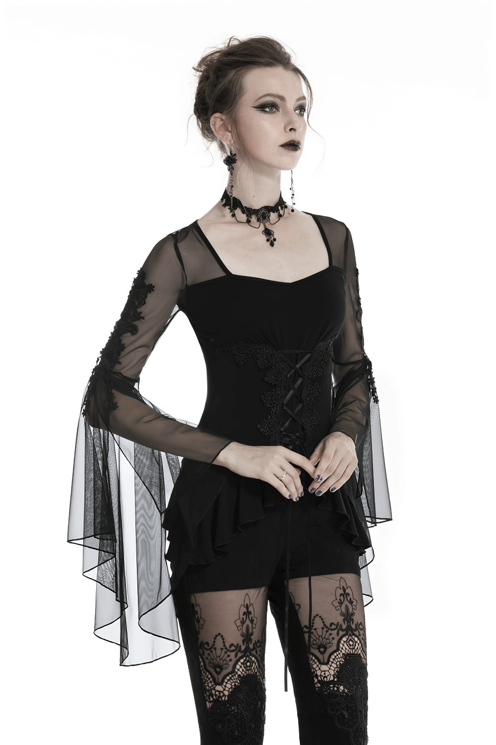 gothic lace-up long sleeve mesh top