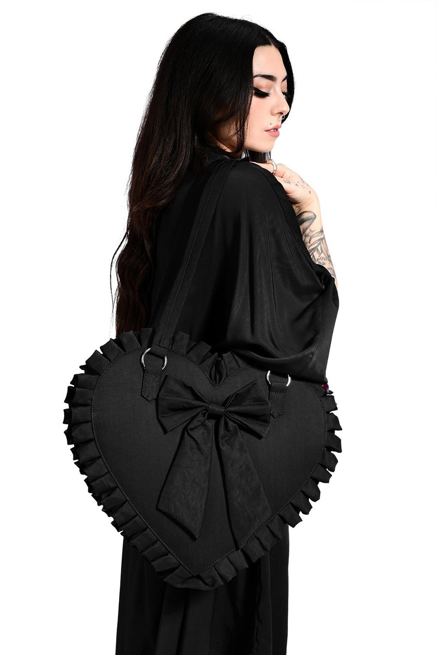 black ruffled heart shaped large tote bag