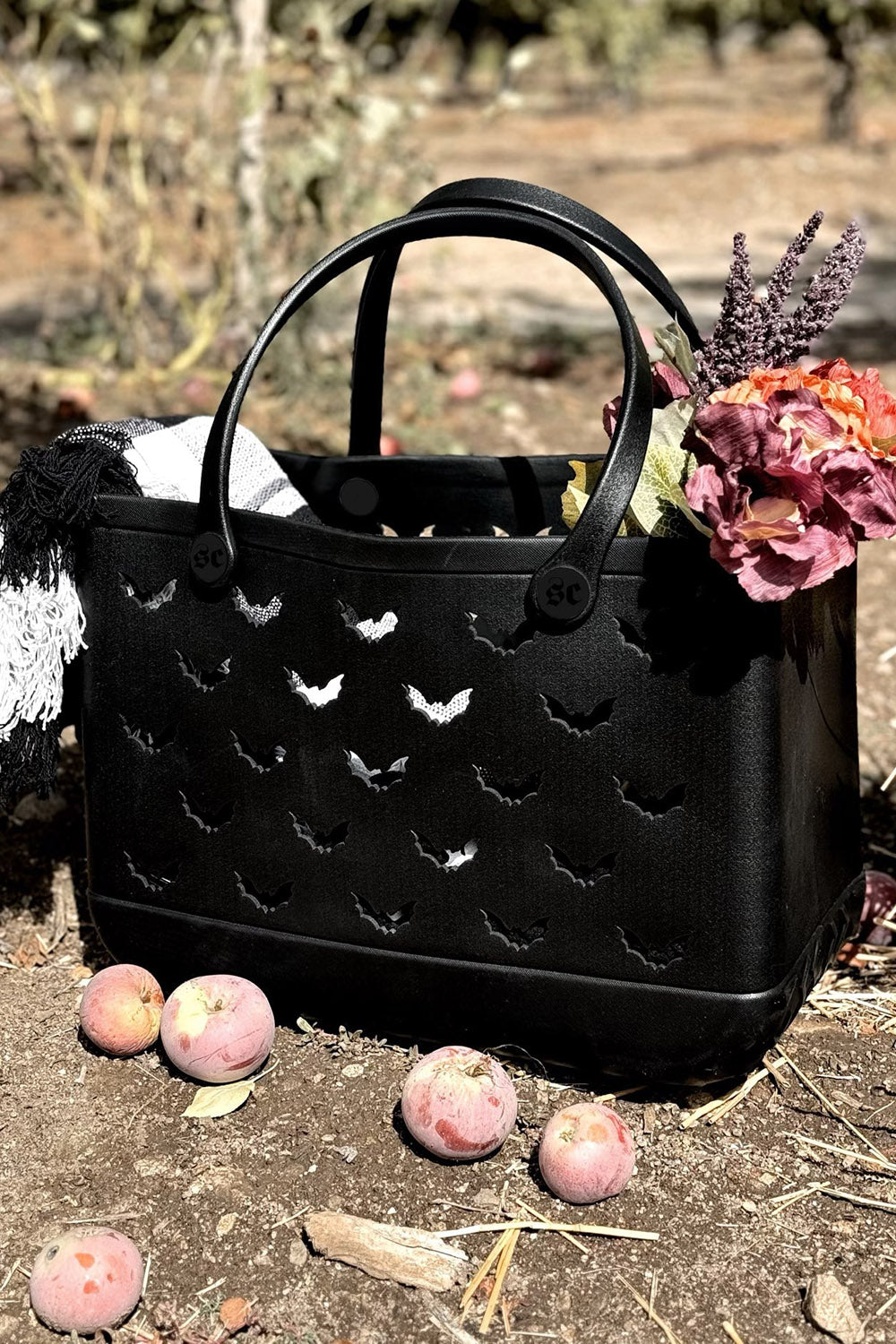 black rubber gothic tote bag
