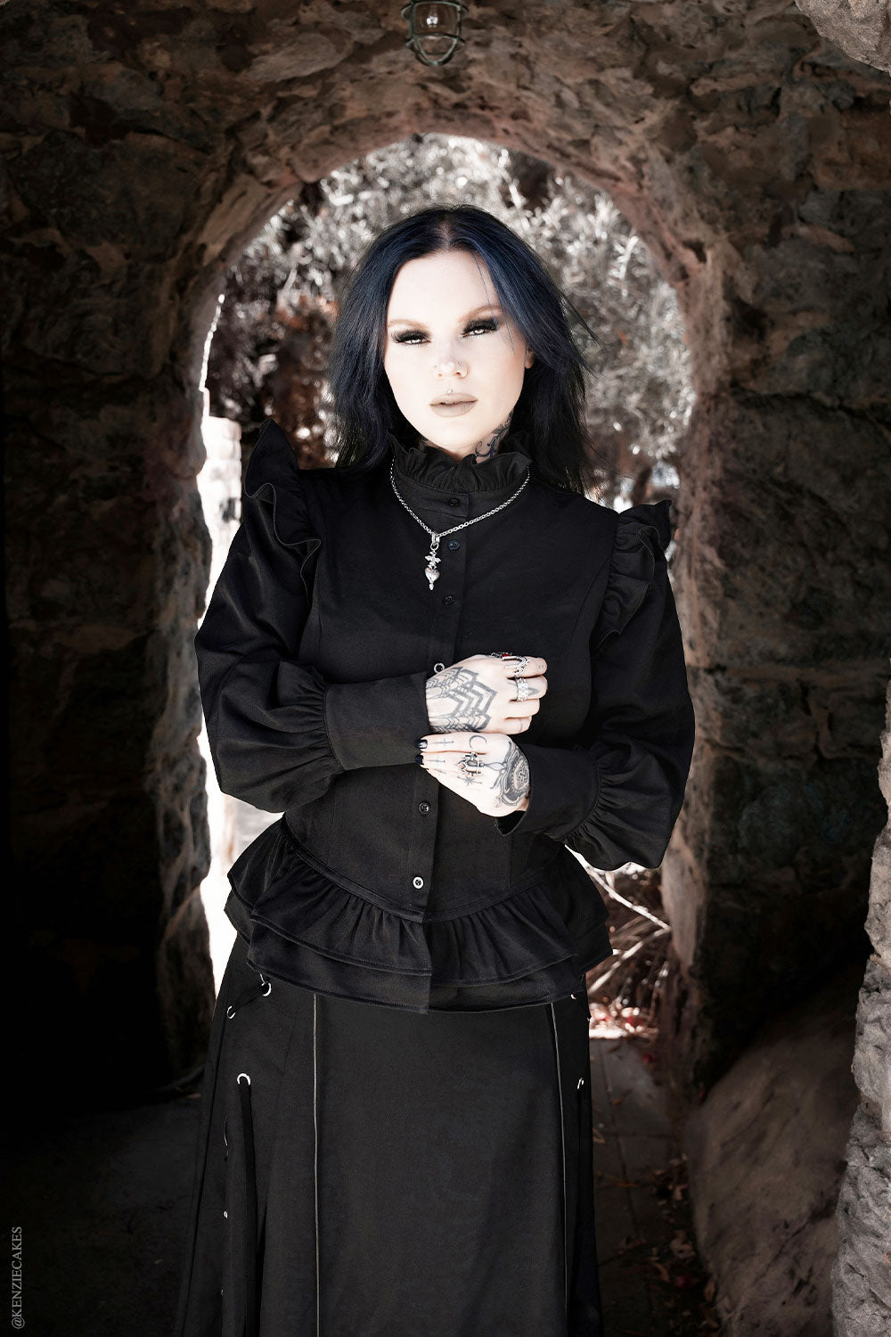 button down goth victorian blouse with ruffled shoulders
