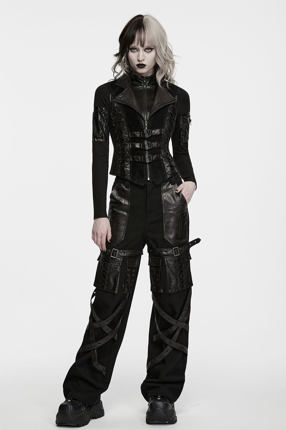 Punk Rave Gothic Leather Buckle Lace Up Punk Vest