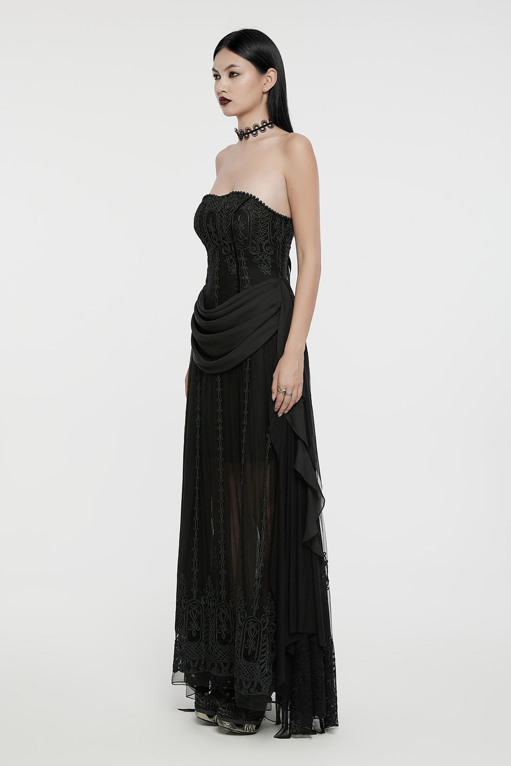 embroidered beaded goth gown