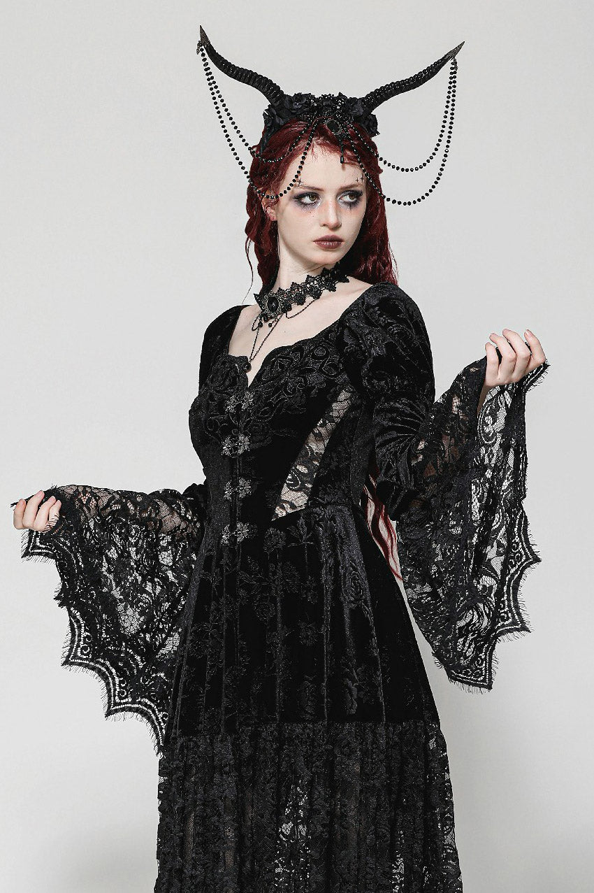 long lace dress with flared trumpet sleeves 