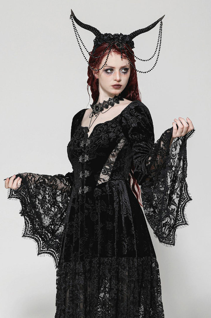 long lace dress with flared trumpet sleeves 