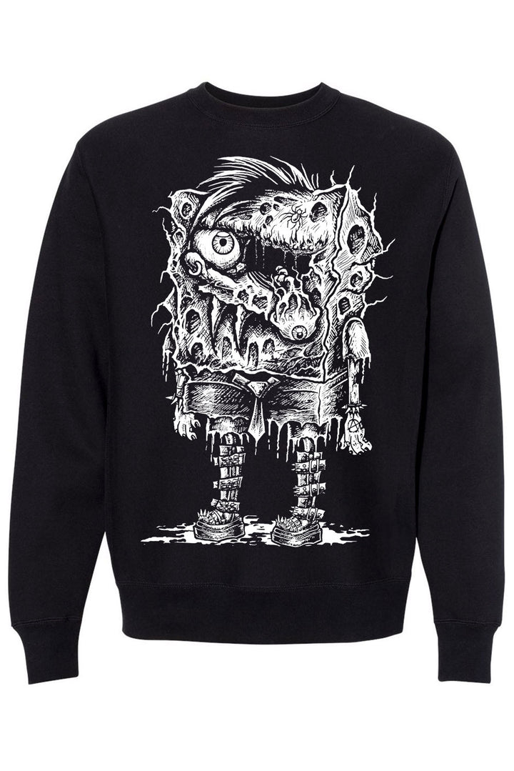 emo black crewneck hoodie with parody sponge wearing spiked goth boots and a Mohawk 