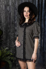 Circe gothic mini dress by Witchwood Bags with vertical stripes and button front for edgy alternative fashion and grunge styling