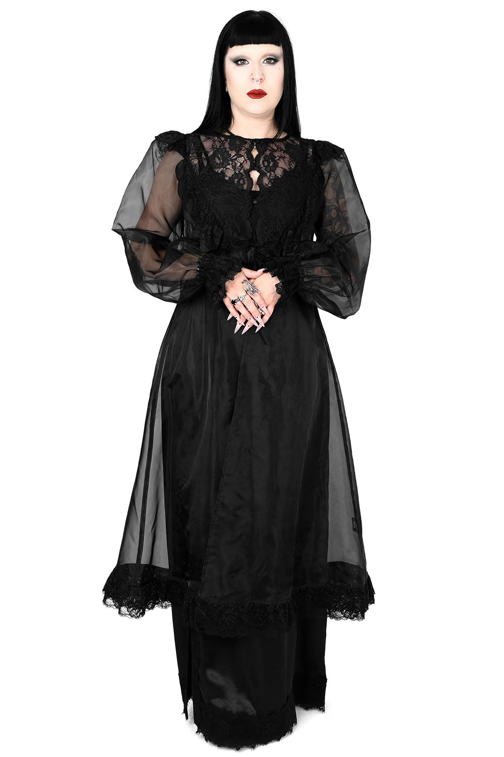 emo organza duster with lace detail and button closure