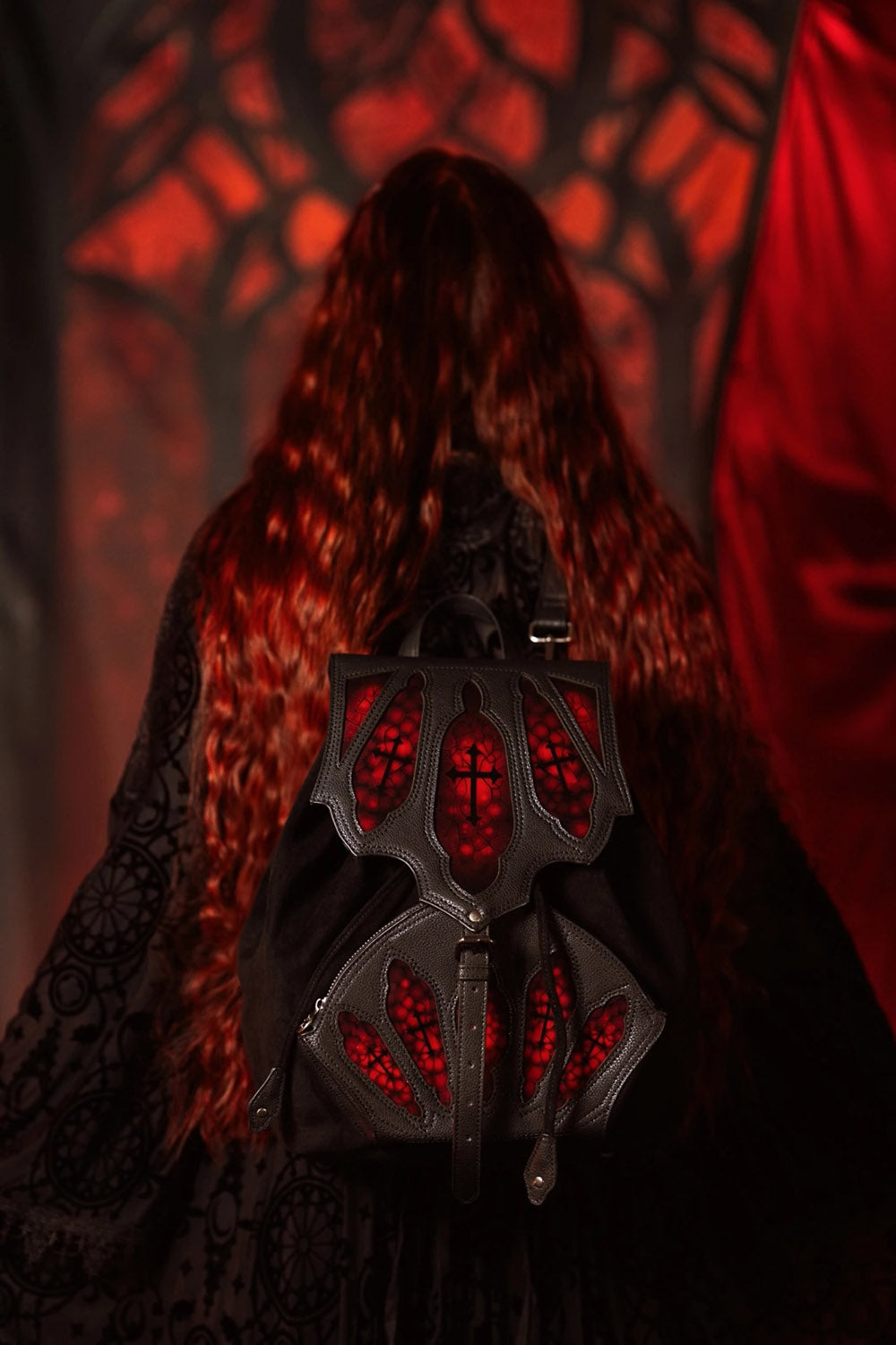 black and rd gothic cathedral inspired backpack