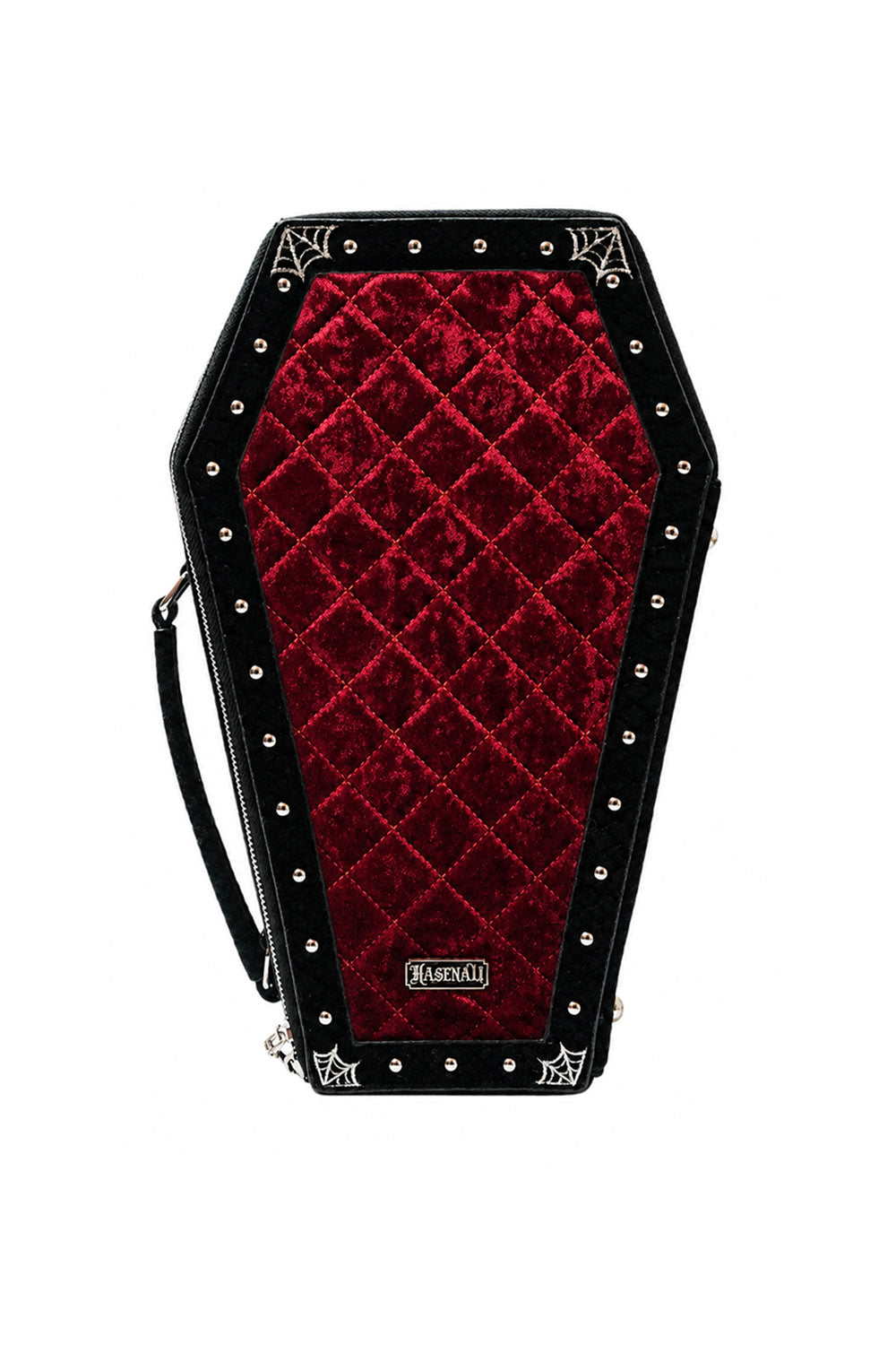 red velvet and black vegan leather coffin ita bag