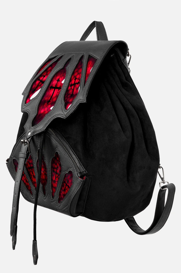 large gothic cathedral inspired backpack with gothic crosses