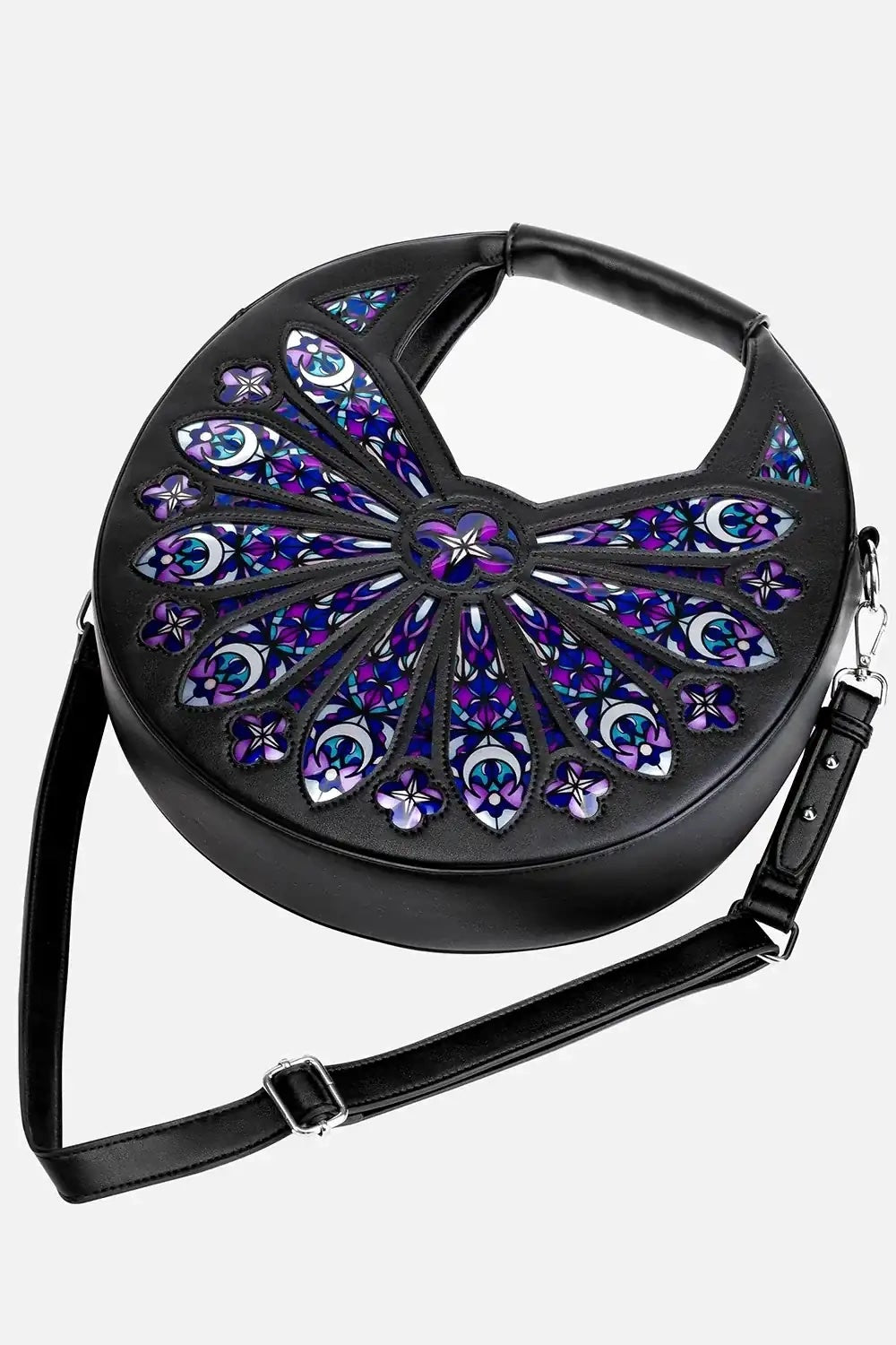 Black handbag with decorative purple and blue patterns on a white background
