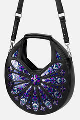 purple and blue gothic cathedral stained glass window crossbody bag