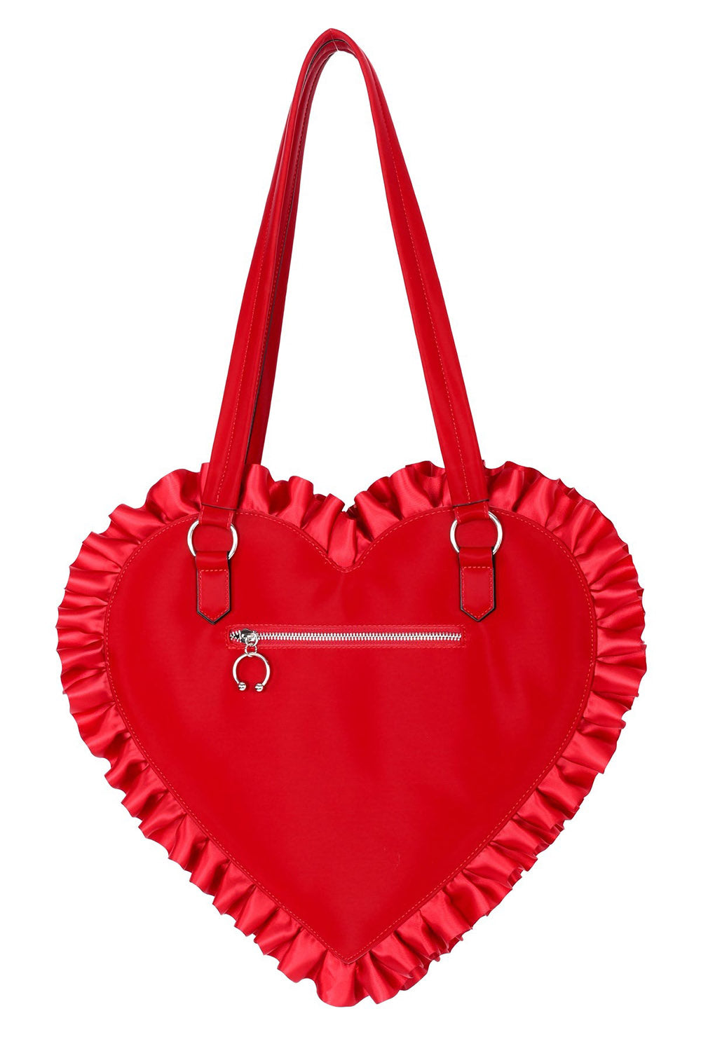 Red heart-shaped bag with ruffled edges on a white background