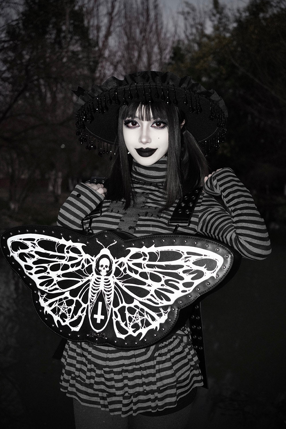 gothic black and white emo moth skeleton backpack