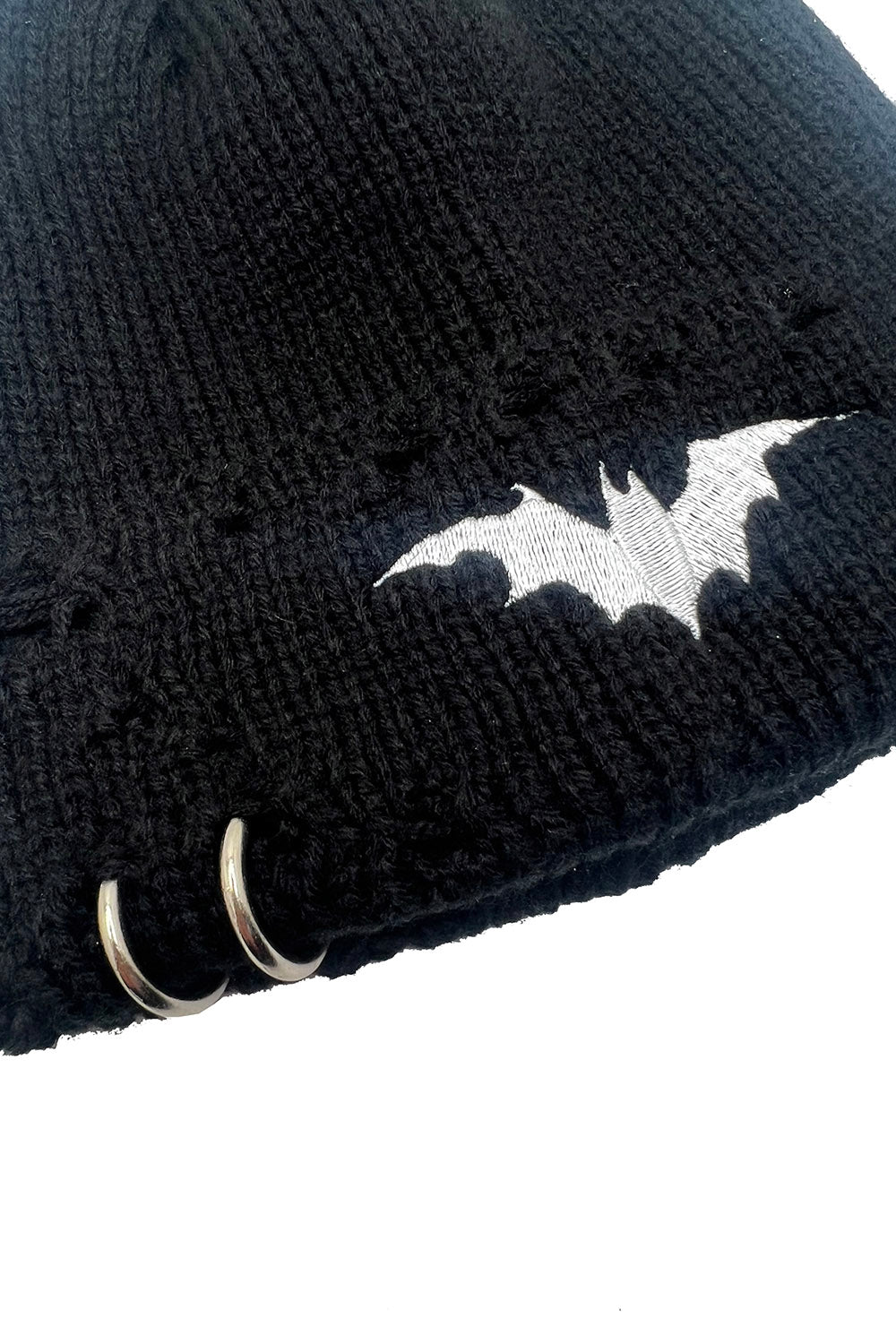 gothic black and white embroidered bat beanie