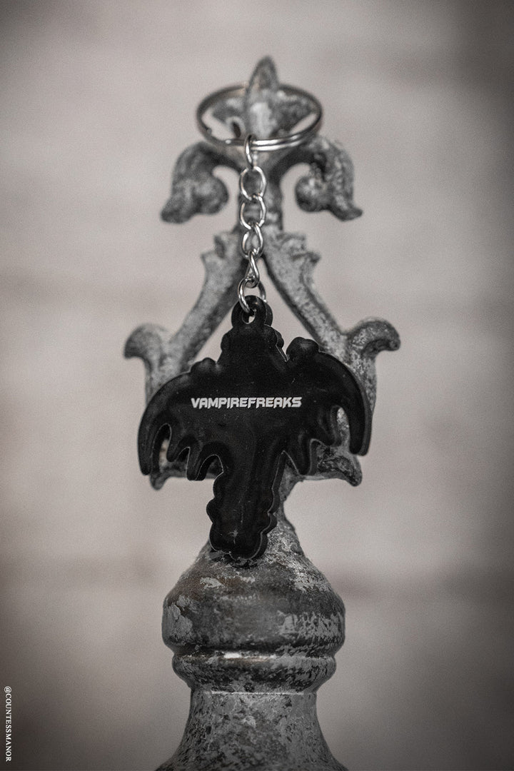 gothic bat keychain with vampire freaks branding on the back 