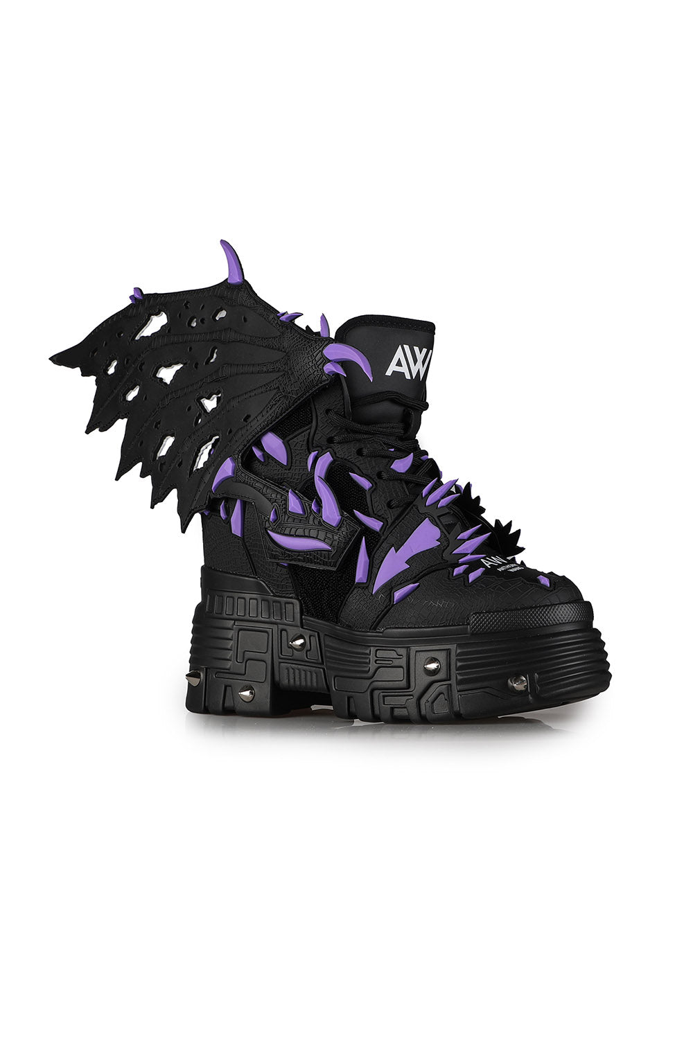 metal spiked platform shoes with detachable batwings 