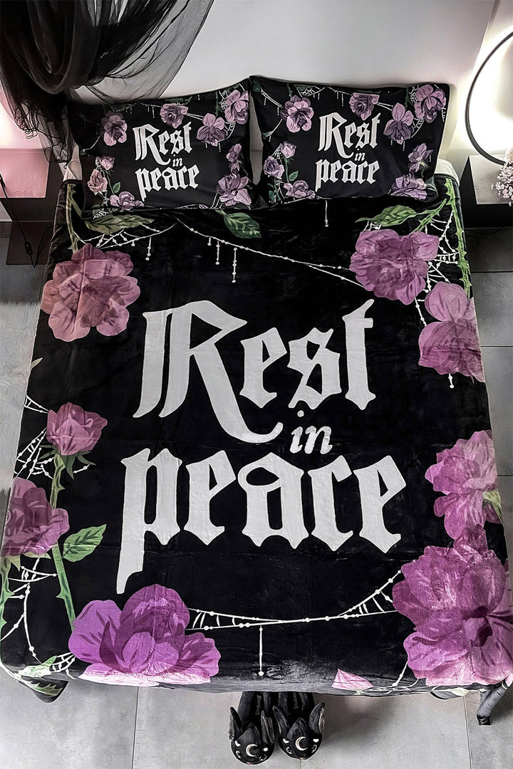 gothic Rest In peace floral bedspread with matching gothic flower pillow cases 