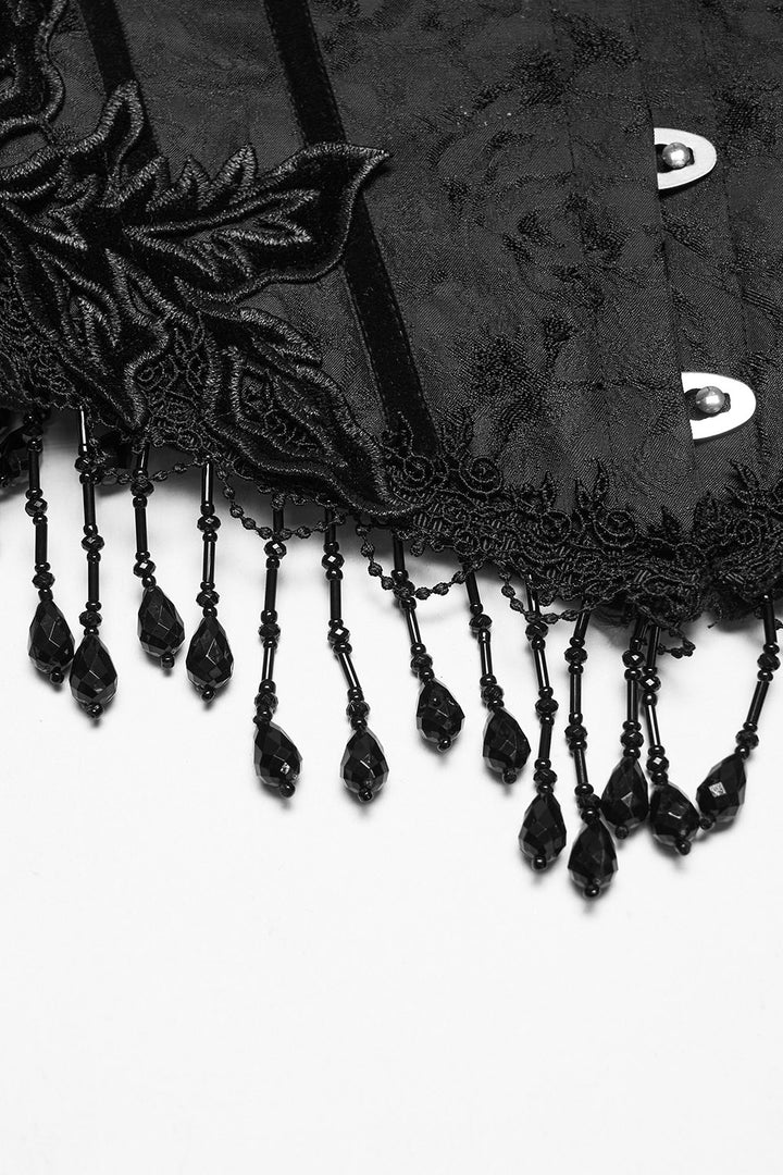womens romantic goth floral applique embroidered underbust corset with beaded tassels by punk rave