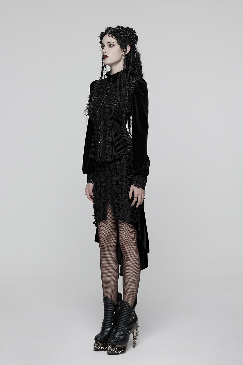 vintage goth black velvet leg slit skirt