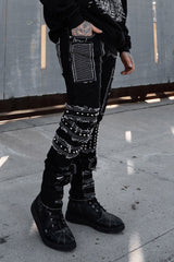 mens shredded punk studded straight-leg  dark denim jeans