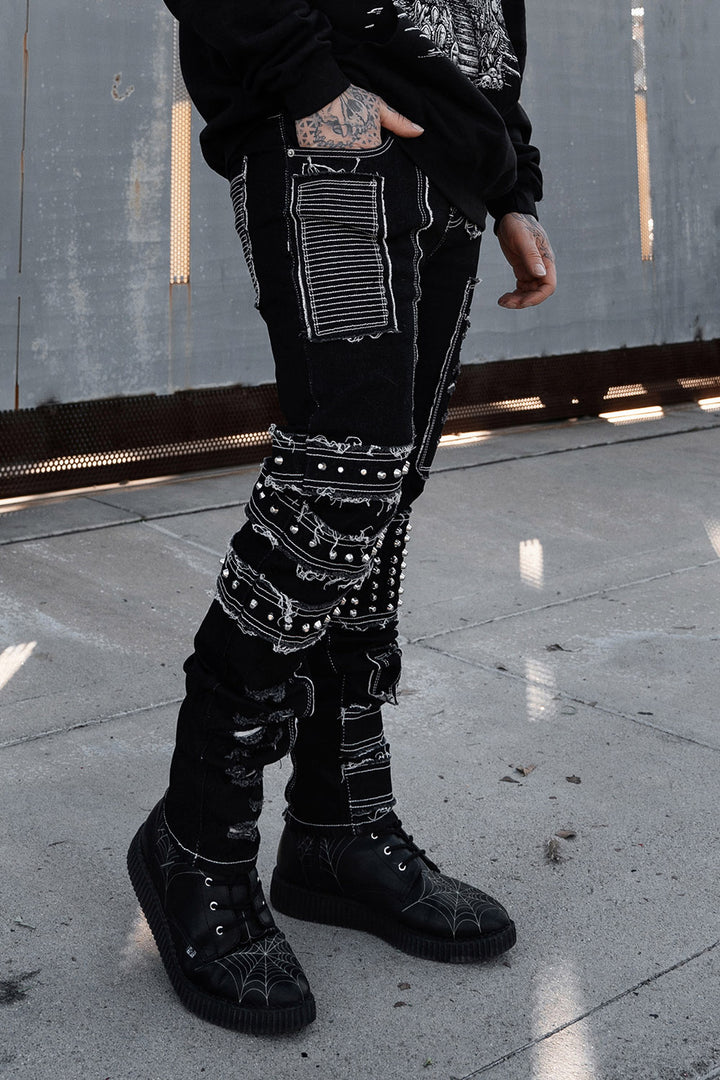 mens shredded punk studded straight-leg  dark denim jeans