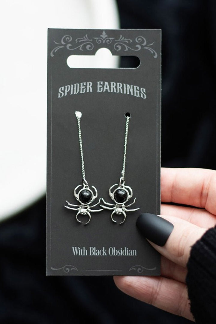 Gothic Black Obsidian Spider Threader Earrings - jewelry - VampireFreaks - Something Different