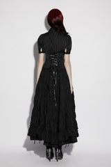 striped satin puff sleeve blouse with back lacing